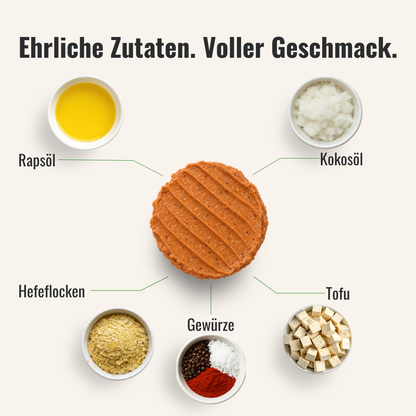 Eine Übersicht von Zutaten die in der veganen Mettwurst sind, welche in der Mitte liegt, verwendet werden.
