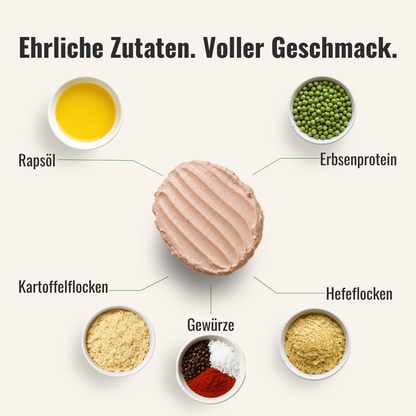 Eine Übersicht von Zutaten die im veganen Brotaufstrich Leberwurst, welcher in der Mitte liegt, verwendet werden.