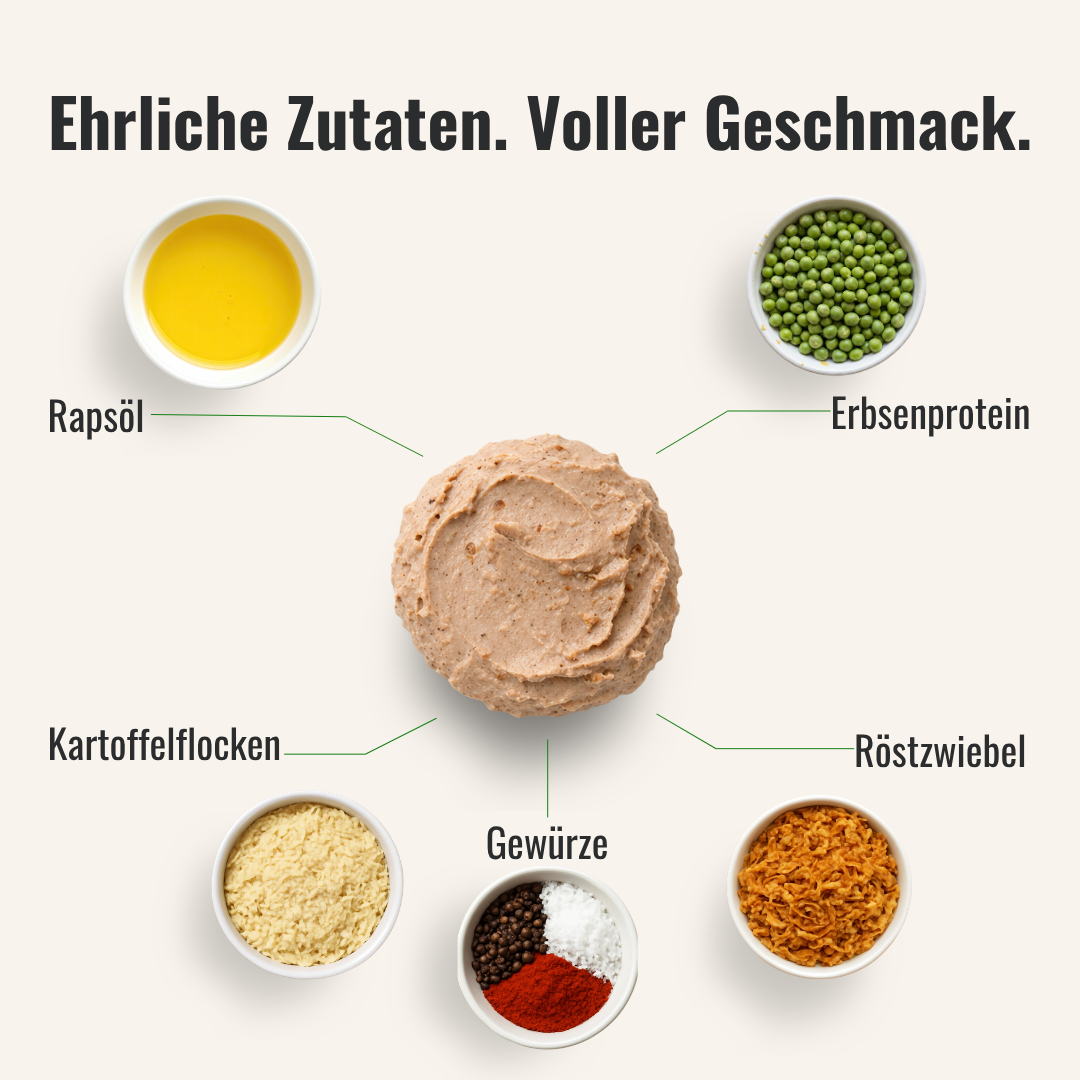 Eine Übersicht von Zutaten die im veganen Brotaufstrich mit Röstzwiebel, welcher in der Mitte liegt, verwendet werden.