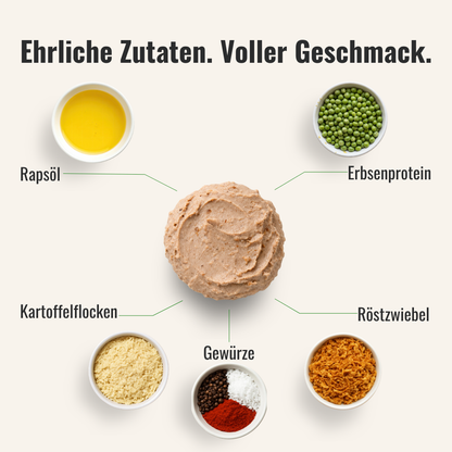 Eine Übersicht von Zutaten die im veganen Brotaufstrich mit Röstzwiebel, welcher in der Mitte liegt, verwendet werden.