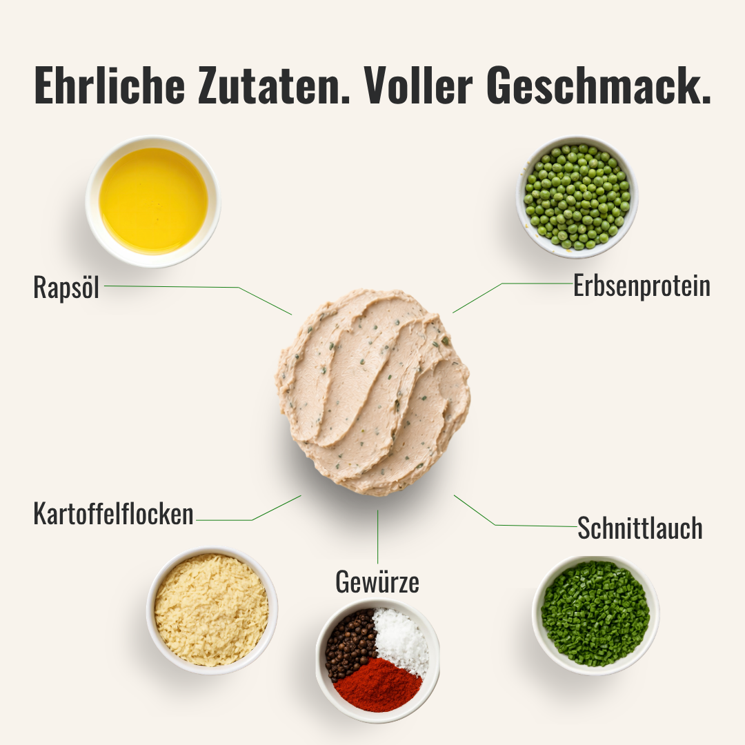 Eine Übersicht von Zutaten die im veganen Brotaufstrich mit Schnittlauch, welcher in der Mitte liegt, verwendet werden.