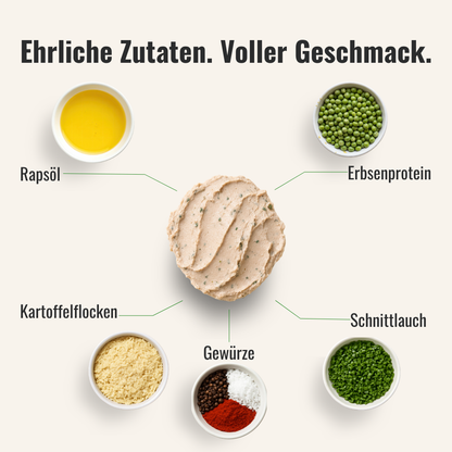 Eine Übersicht von Zutaten die im veganen Brotaufstrich mit Schnittlauch, welcher in der Mitte liegt, verwendet werden.