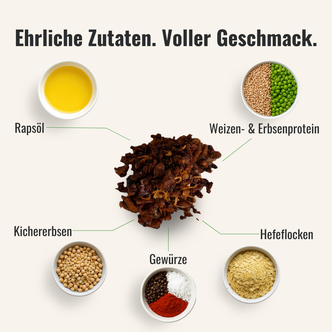 Eine Übersicht von Zutaten die im veganen Gyros sind, welches in der Mitte liegt, verwendet werden.