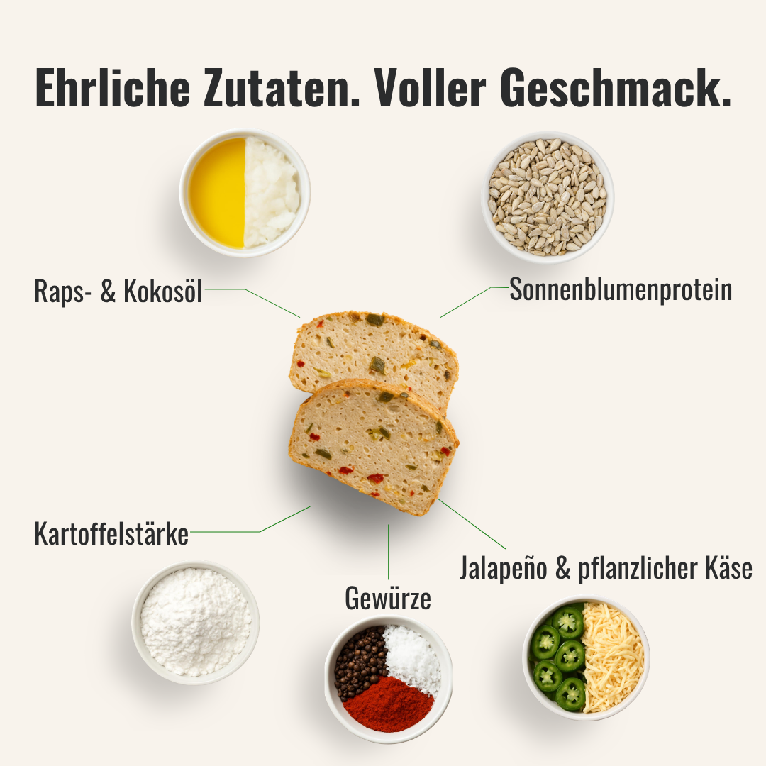 Eine Übersicht von Zutaten die im veganen Chili Cheese Leberkäse zum Selbstbacken sind, welcher in der Mitte liegt, verwendet werden.